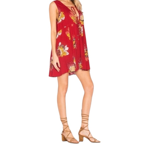 Free People Lovely Day Floral Print Mini Tunic Dress L Red Boho Tie Front Boxy - Picture 8 of 15